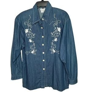 L.G.S. VTG Chambray Western Cowgirl Button Down Beaded Rhinestone Top Size M